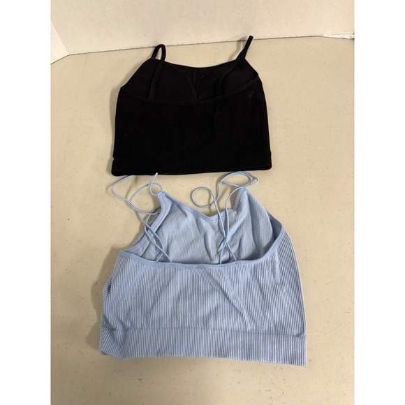 Zenana Ribbed Seamless Cami Crop Top Set Black & Light Blue L/XL - Picture 2 of 4